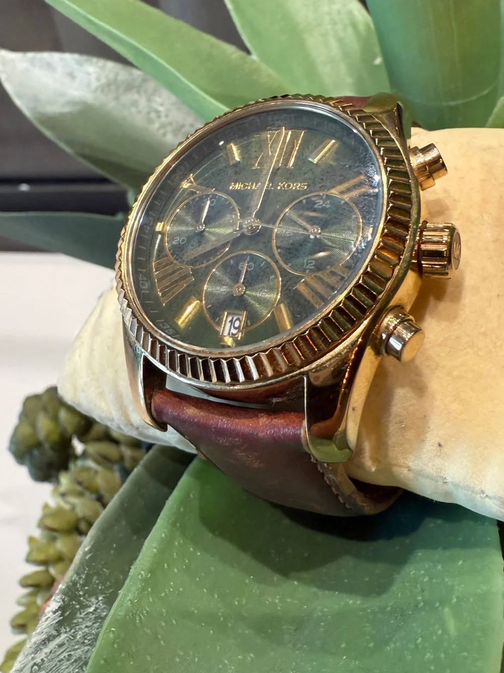 Michael Kors MK2437 Green Dial Chronograph Watch | Gold Tone Brown Leather